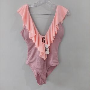 Sporlike One Piece Swimsuit Medium Mauve Peach Flutter Detail Deep-V Neckline
